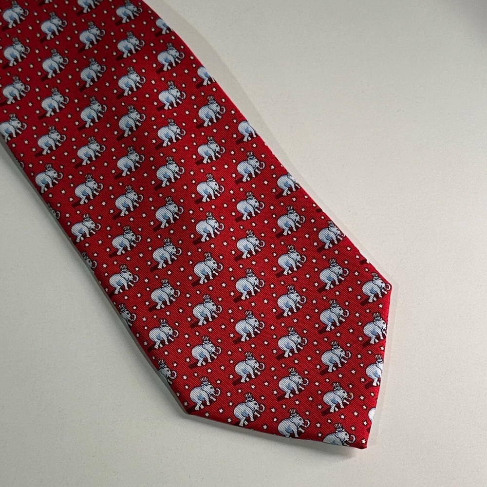 Vineyard Vines Red Silk Tie with Light Blue Elephant Motif